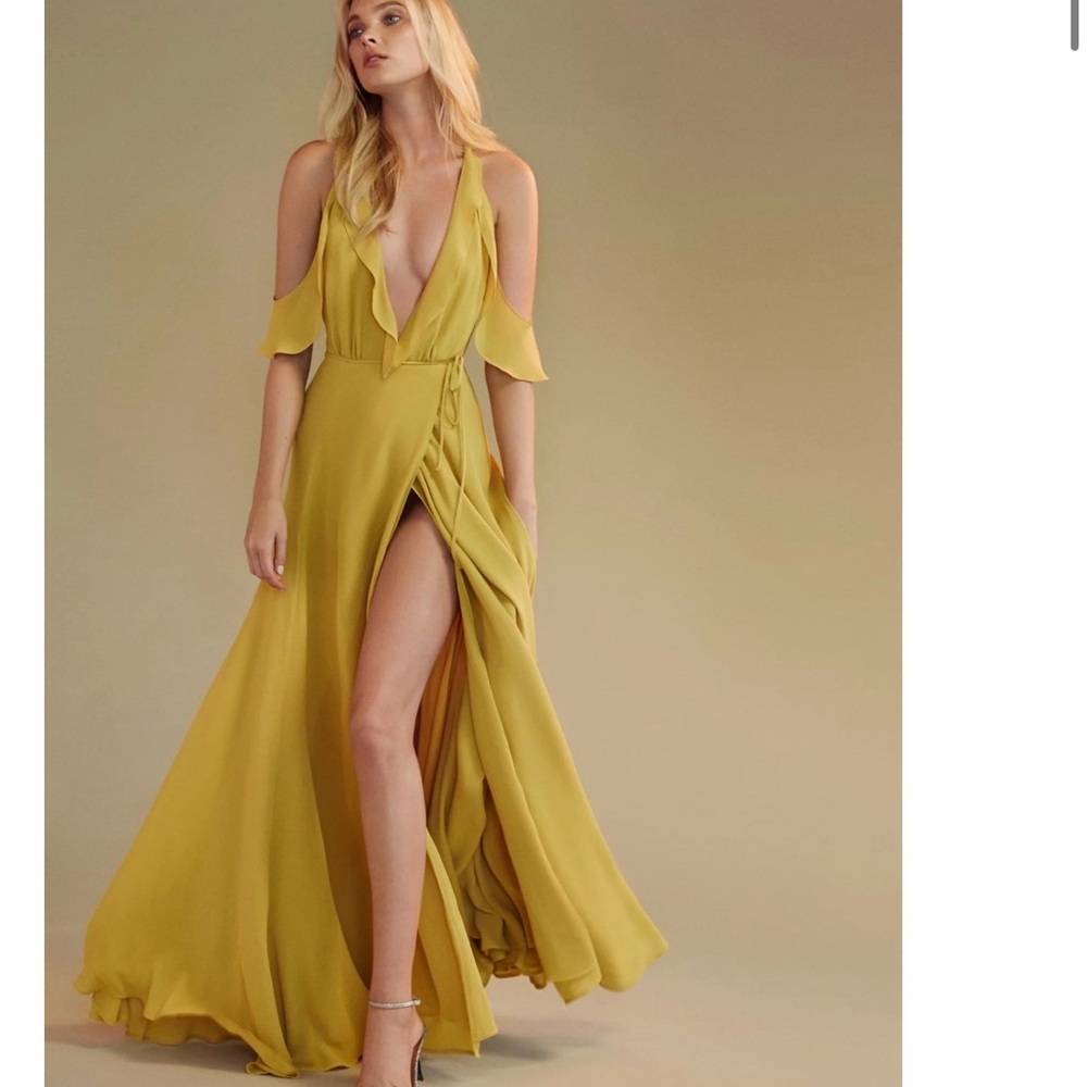 Reformation Mustard One-Shoulder Cold-Shoulder Wrap Maxi Dress
